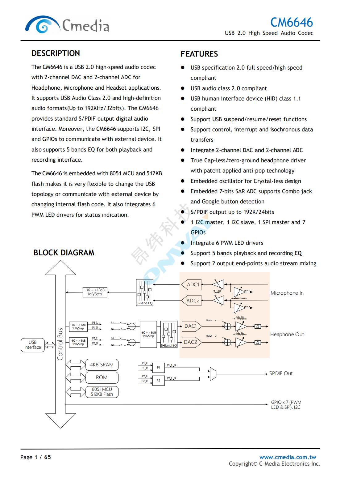 Cm6646 usb 2 0 high speed audio codec